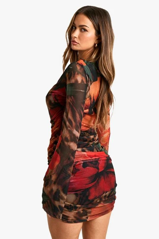 BOOHOO Large Floral Printed Mesh Long Sleeve Mini Dress 2 BOOHOO Large Floral Printed Mesh Long Sleeve Mini Dress - Image 2