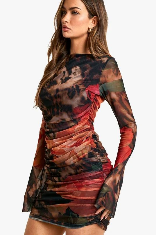 BOOHOO Large Floral Printed Mesh Long Sleeve Mini Dress 4 BOOHOO Large Floral Printed Mesh Long Sleeve Mini Dress - Image 4