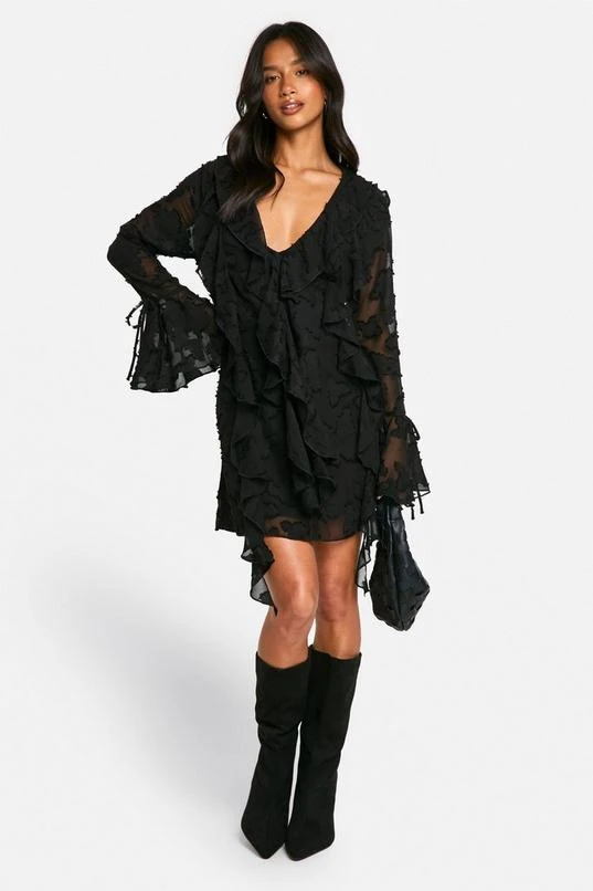 BOOHOO Petite Burnout Floral Ruffle Shift Dress 3 BOOHOO Petite Burnout Floral Ruffle Shift Dress - Image 3