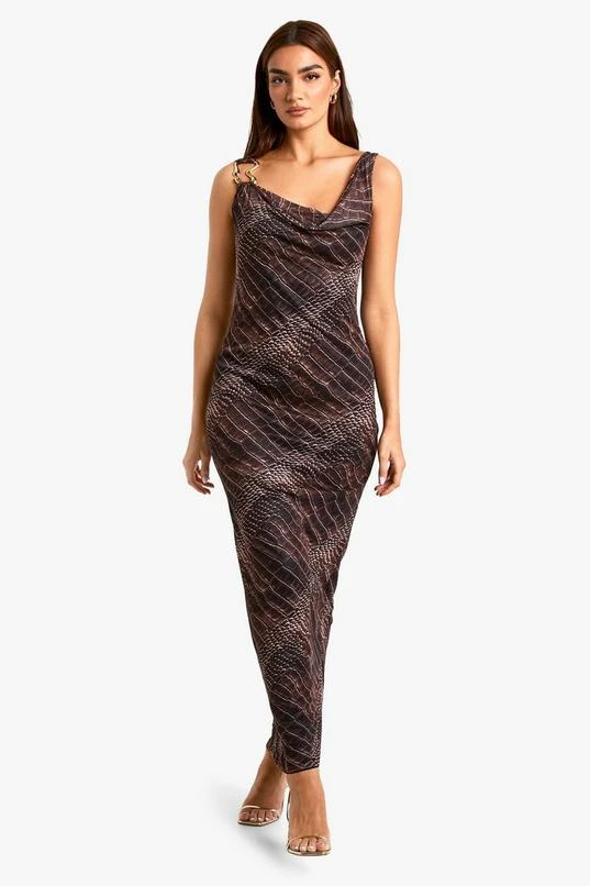 BOOHOO Croc Print Cowl Mesh Slip Dress