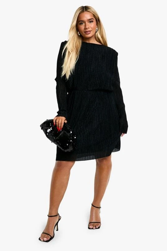 BOOHOO Plus Pleated Metallic Ruched Skater Dress 1 BOOHOO Plus Pleated Metallic Ruched Skater Dress