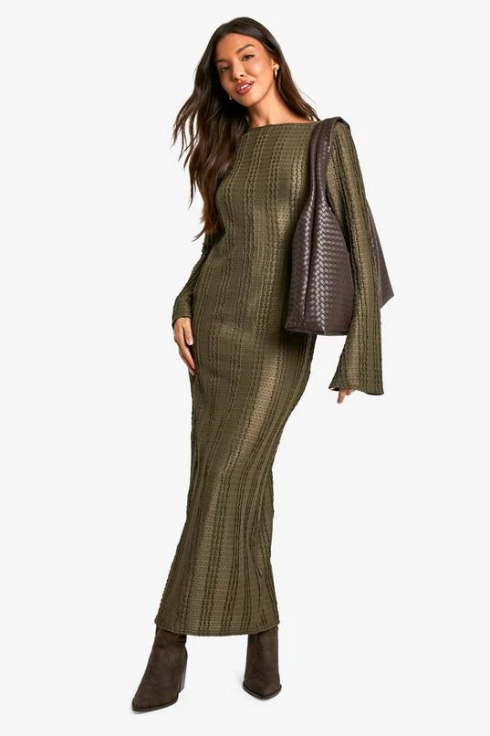 BOOHOO Textured Long Sleeve Column Maxi Dress 1 BOOHOO Textured Long Sleeve Column Maxi Dress