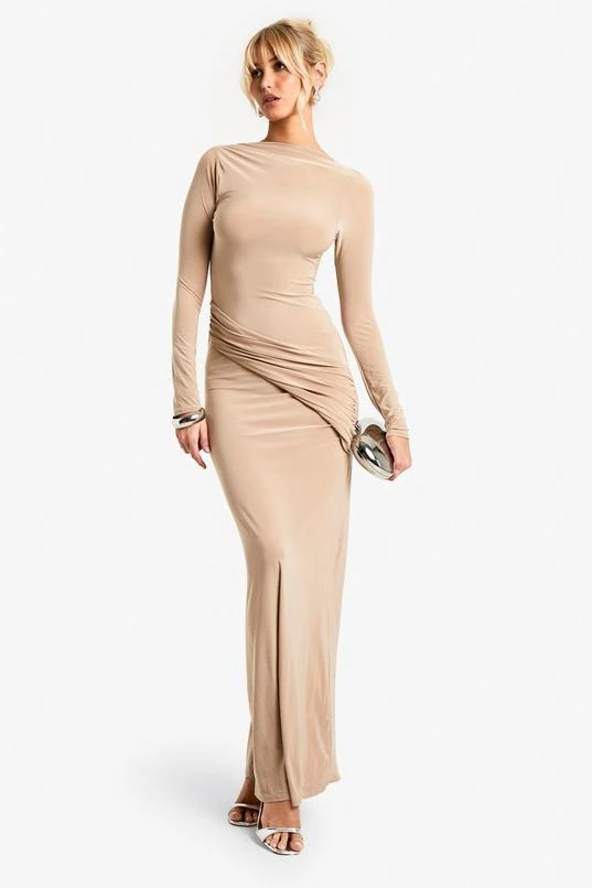 BOOHOO Ruched Slinky Slash Neck Maxi Dress 1 BOOHOO Ruched Slinky Slash Neck Maxi Dress