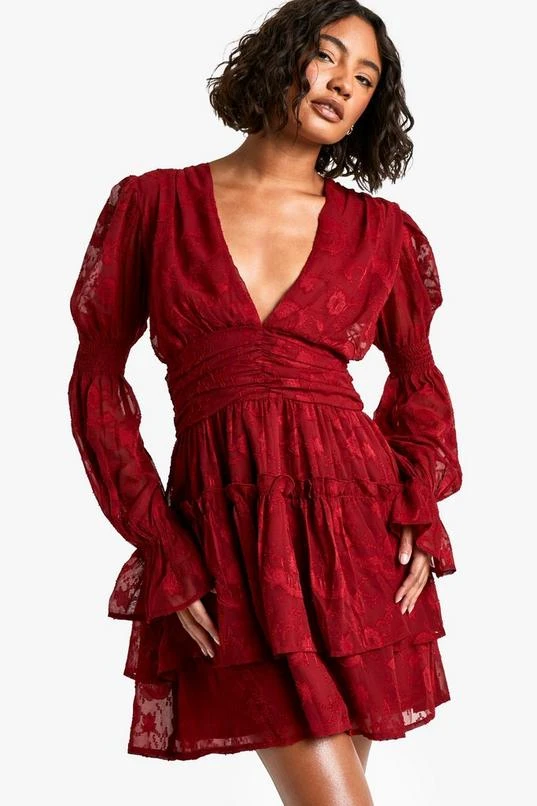 BOOHOO Tall Paisley Burnout Puff Sleeve Ruched Skater Dress 1 BOOHOO Tall Paisley Burnout Puff Sleeve Ruched Skater Dress