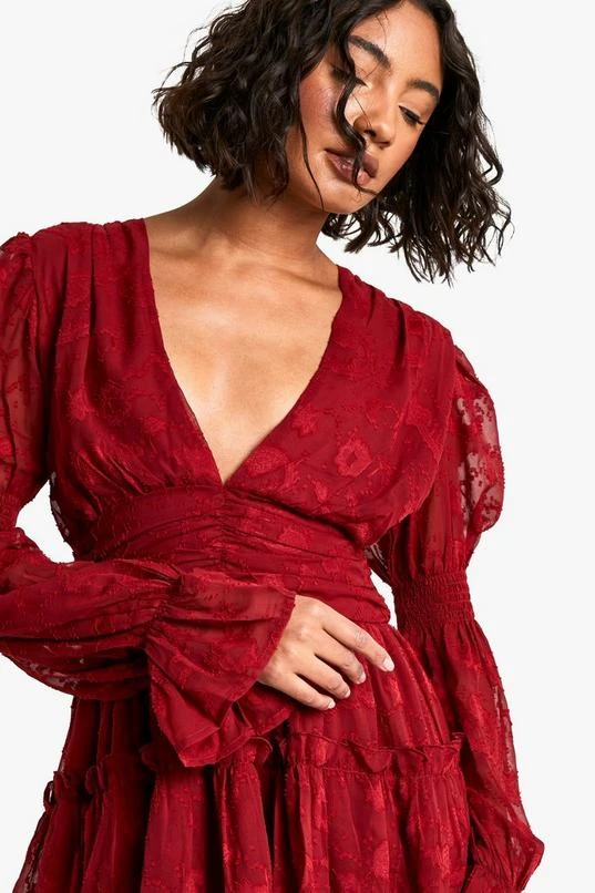 BOOHOO Tall Paisley Burnout Puff Sleeve Ruched Skater Dress 4 BOOHOO Tall Paisley Burnout Puff Sleeve Ruched Skater Dress - Image 4