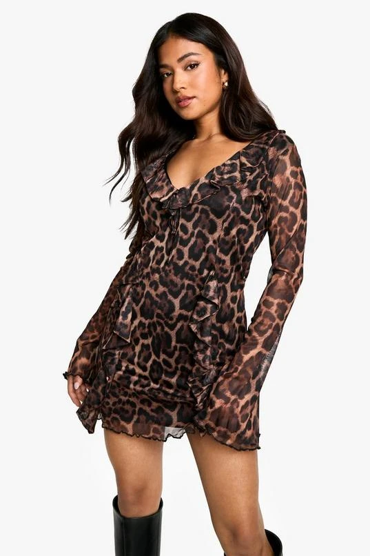 BOOHOO Petite Leopard Print Ruffle Shift Dress 1 BOOHOO Petite Leopard Print Ruffle Shift Dress