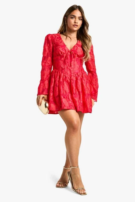 BOOHOO Petite Jacquard Floral Corset Detail Skater Dress 3 BOOHOO Petite Jacquard Floral Corset Detail Skater Dress - Image 3