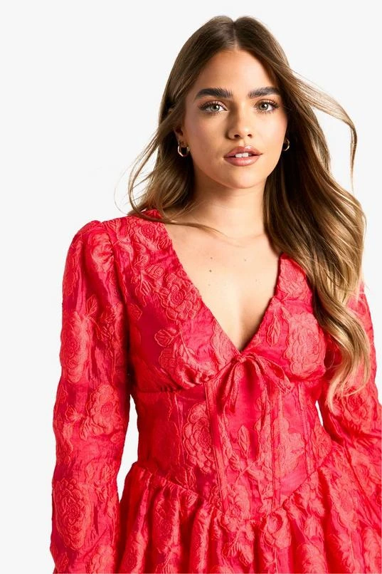 BOOHOO Petite Jacquard Floral Corset Detail Skater Dress 4 BOOHOO Petite Jacquard Floral Corset Detail Skater Dress - Image 4