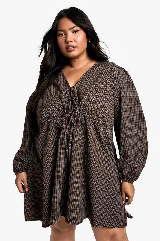 BOOHOO Plus Check Tie Front Smock Dress 1 BOOHOO Plus Check Tie Front Smock Dress