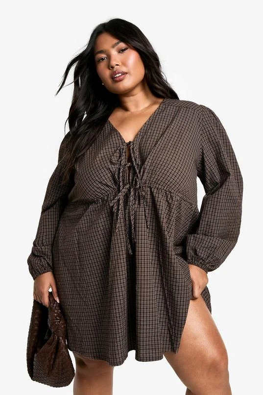 BOOHOO Plus Check Tie Front Smock Dress 3 BOOHOO Plus Check Tie Front Smock Dress - Image 3