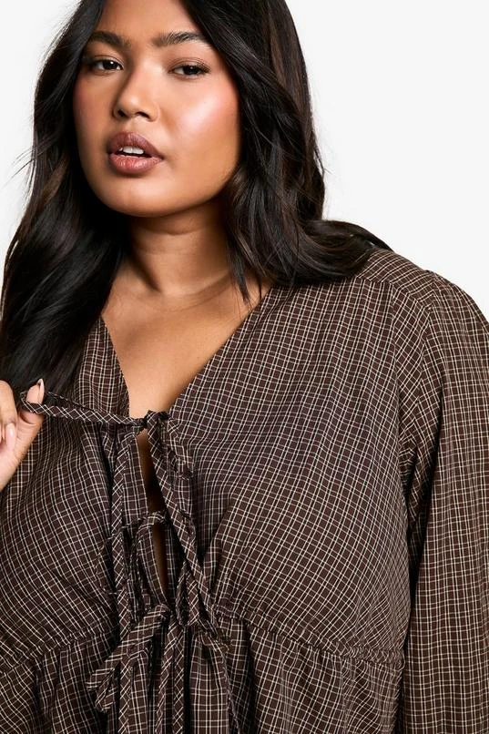 BOOHOO Plus Check Tie Front Smock Dress 4 BOOHOO Plus Check Tie Front Smock Dress - Image 4