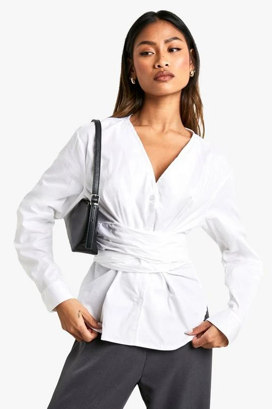 BOOHOO COTTON POPLIN BELTED WRAP SHIRT 1 BOOHOO COTTON POPLIN BELTED WRAP SHIRT