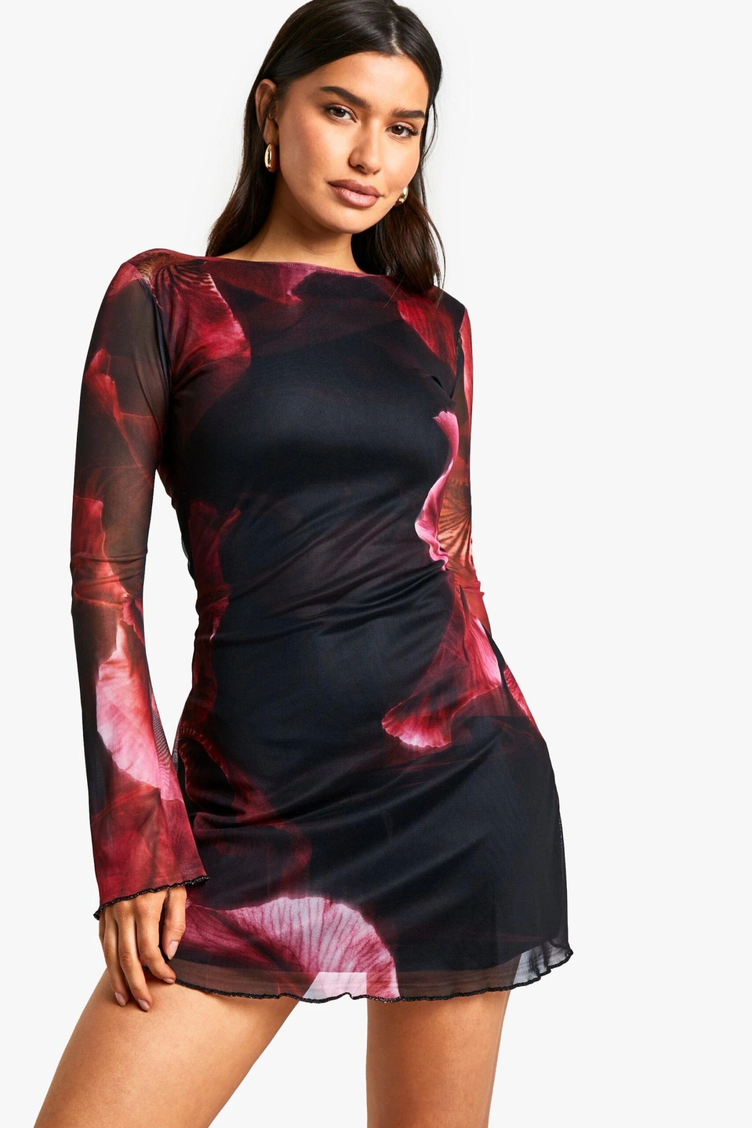 BOOHOO Tall Blur Floral Mesh Flare Sleeve Mini Dress 5 BOOHOO Tall Blur Floral Mesh Flare Sleeve Mini Dress - Image 5