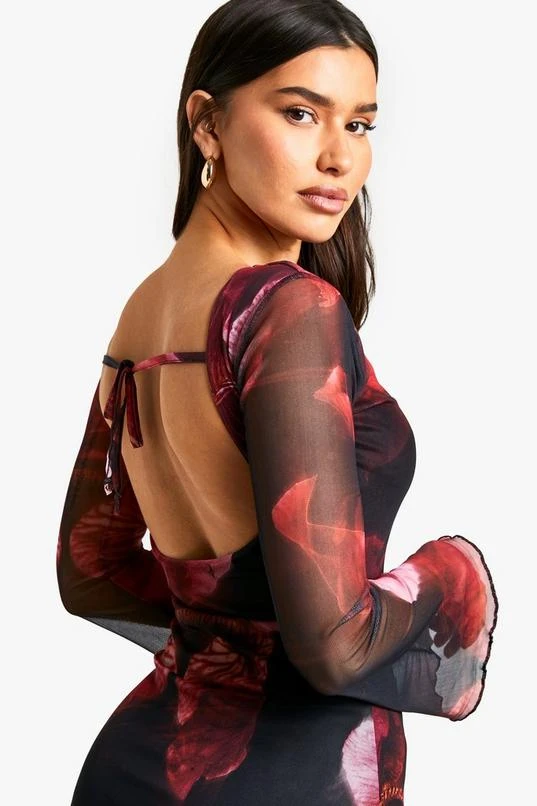 BOOHOO Tall Blur Floral Mesh Flare Sleeve Mini Dress 4 BOOHOO Tall Blur Floral Mesh Flare Sleeve Mini Dress - Image 4