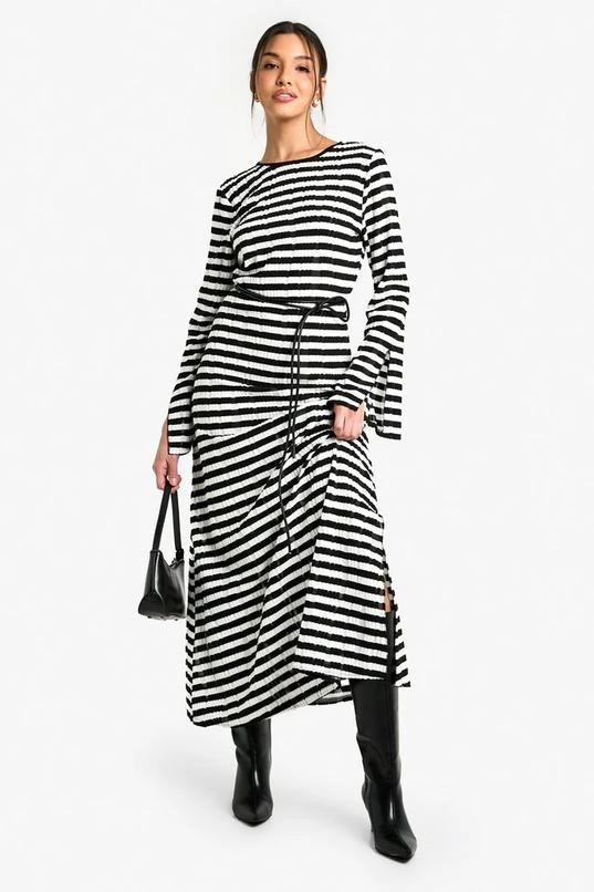 BOOHOO Textured Stripe Flare Sleeve Midi Dress 1 BOOHOO Textured Stripe Flare Sleeve Midi Dress