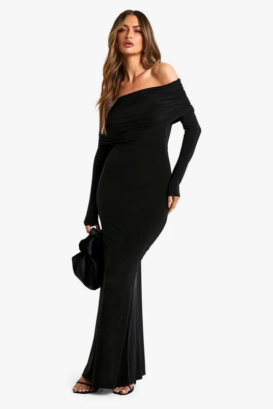 BOOHOO Ruched Bardot Slinky Maxi Dress 2 BOOHOO Ruched Bardot Slinky Maxi Dress - Image 2