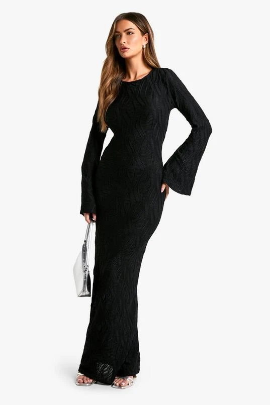 BOOHOO Textured Flare Sleeve Maxi Dress 1 BOOHOO Textured Flare Sleeve Maxi Dress