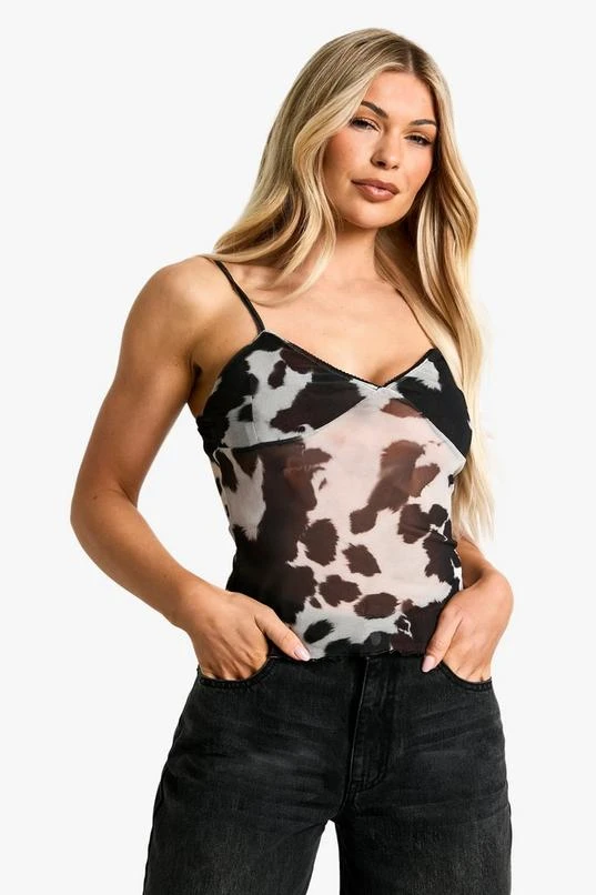 BOOHOO Cow Print Mesh Trim Detail Camisole 1 BOOHOO Cow Print Mesh Trim Detail Camisole