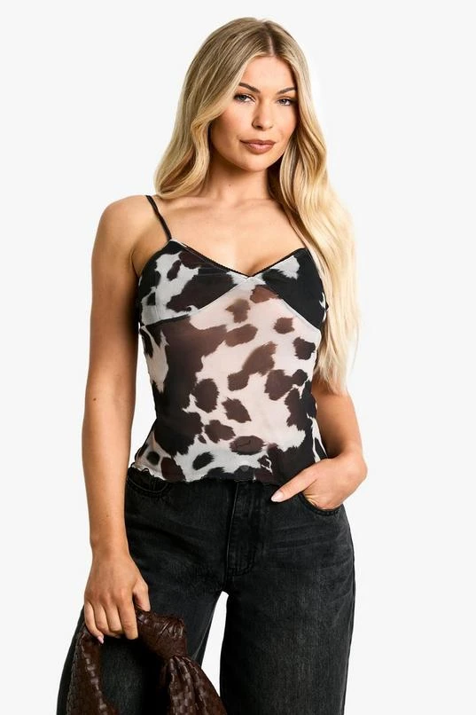 BOOHOO Cow Print Mesh Trim Detail Camisole 3 BOOHOO Cow Print Mesh Trim Detail Camisole - Image 3