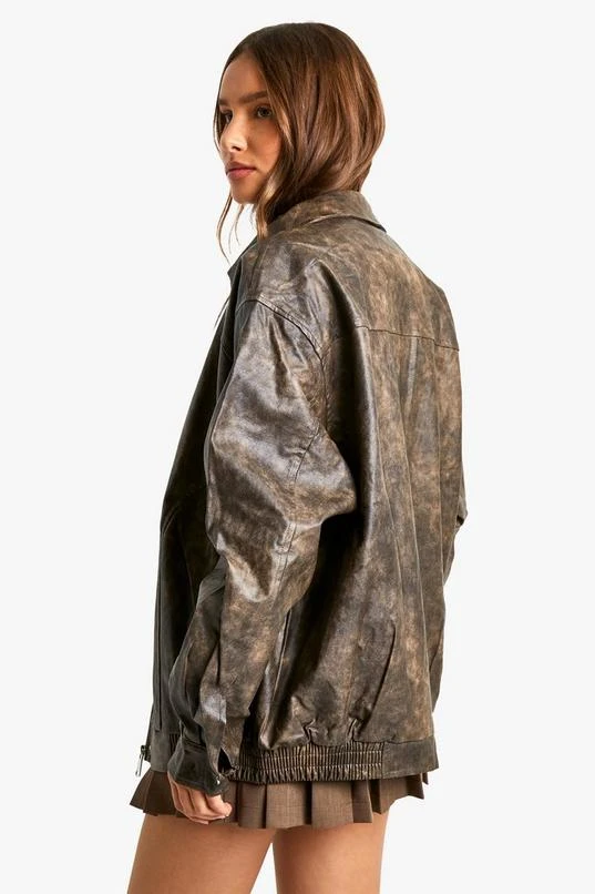 BOOHOO Vintage Look Faux Leather Bomber Jacket 2 BOOHOO Vintage Look Faux Leather Bomber Jacket - Image 2