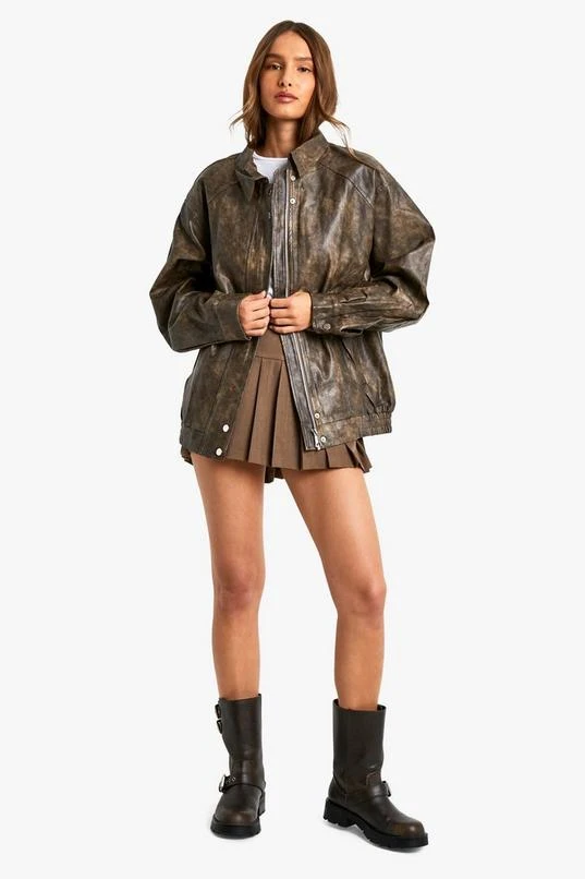 BOOHOO Vintage Look Faux Leather Bomber Jacket 3 BOOHOO Vintage Look Faux Leather Bomber Jacket - Image 3