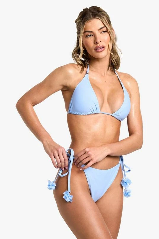 BOOHOO Flower Trim Triangle Bikini Top & Tie Side Bikini Bottoms Set 1 BOOHOO Flower Trim Triangle Bikini Top & Tie Side Bikini Bottoms Set