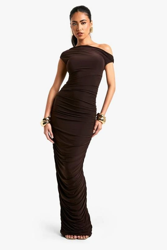 BOOHOO One Shoulder Asymmetric Ruched Maxi Dress 1 BOOHOO One Shoulder Asymmetric Ruched Maxi Dress