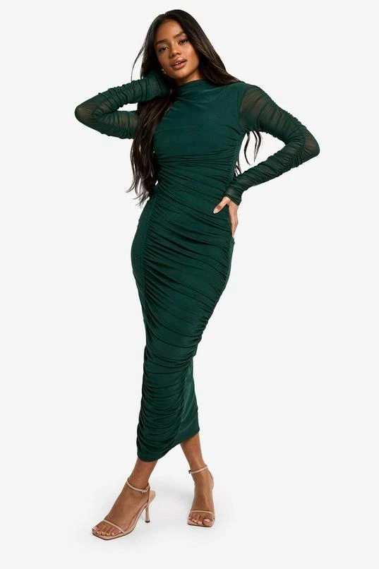 BOOHOO Mesh Ruched High Neck Midaxi Dress 3 BOOHOO Mesh Ruched High Neck Midaxi Dress - Image 3