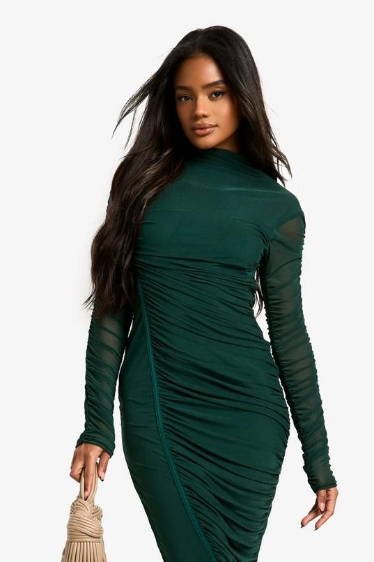 BOOHOO Mesh Ruched High Neck Midaxi Dress 4 BOOHOO Mesh Ruched High Neck Midaxi Dress - Image 4
