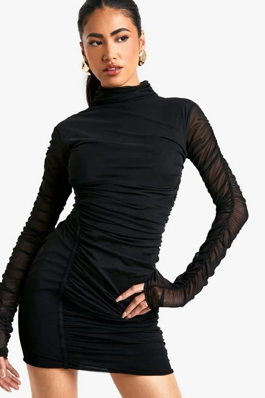 BOOHOO Mesh Ruched High Neck Mini Dress 3 BOOHOO Mesh Ruched High Neck Mini Dress - Image 3