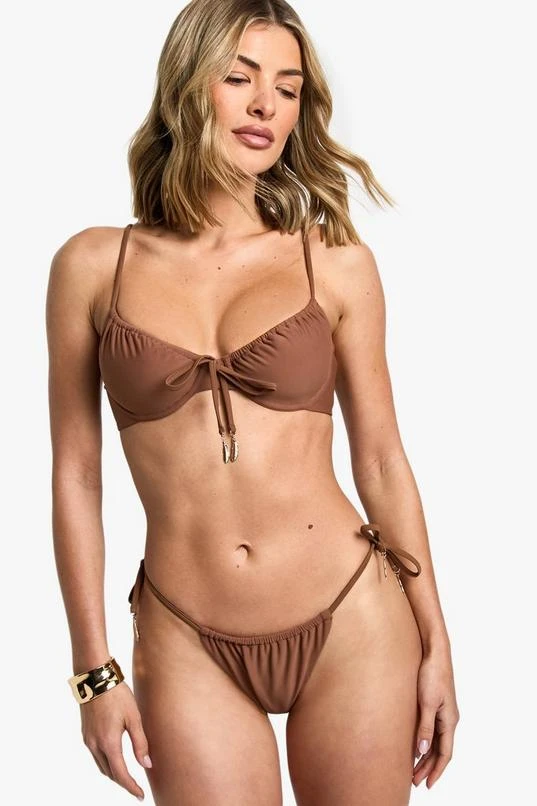 BOOHOO Feather Charm Trim Tie Front Underwired Bikini Top 3 BOOHOO Feather Charm Trim Tie Front Underwired Bikini Top - Image 3