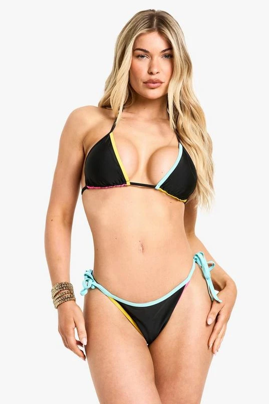 BOOHOO Multicoloured Contrast Binding Triangle Bikini Top & Tie Side Bikini Bottoms Set 1 BOOHOO Multicoloured Contrast Binding Triangle Bikini Top & Tie Side Bikini Bottoms Set