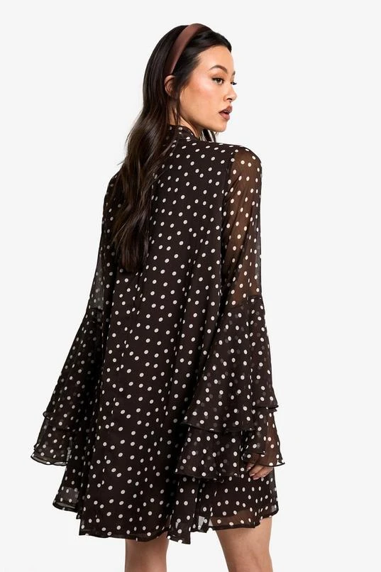 BOOHOO Tall Polkadot Flare Sleeve Chiffon Smock Dress 2 BOOHOO Tall Polkadot Flare Sleeve Chiffon Smock Dress - Image 2