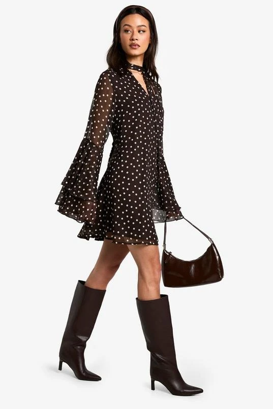 BOOHOO Tall Polkadot Flare Sleeve Chiffon Smock Dress 3 BOOHOO Tall Polkadot Flare Sleeve Chiffon Smock Dress - Image 3