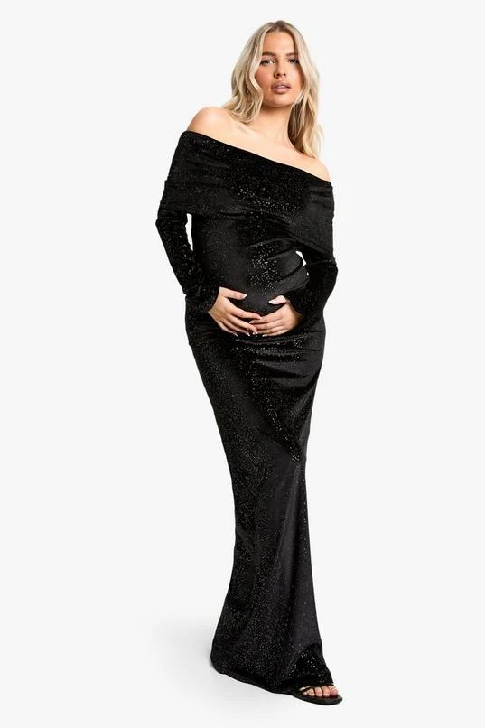 BOOHOO Maternity Velvet Sequin Off The Shoulder Maxi Dress 1 BOOHOO Maternity Velvet Sequin Off The Shoulder Maxi Dress
