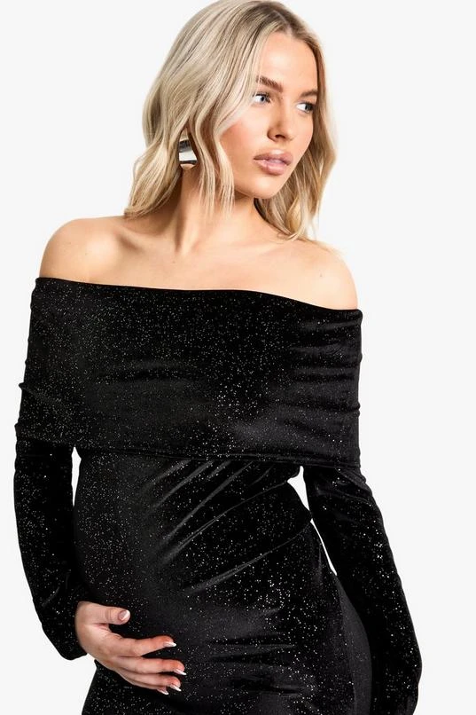 BOOHOO Maternity Velvet Sequin Off The Shoulder Maxi Dress 4 BOOHOO Maternity Velvet Sequin Off The Shoulder Maxi Dress - Image 4