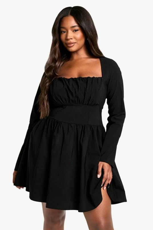 BOOHOO Plus Bengaline Corset Long Sleeve Skater Dress 1 BOOHOO Plus Bengaline Corset Long Sleeve Skater Dress
