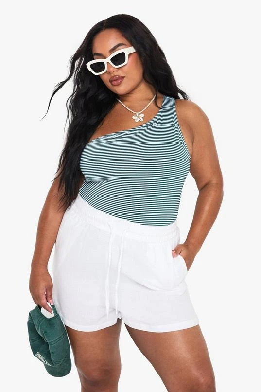 BOOHOO Plus Seersucker Stripe One Shoulder Swimsuit 1 BOOHOO Plus Seersucker Stripe One Shoulder Swimsuit