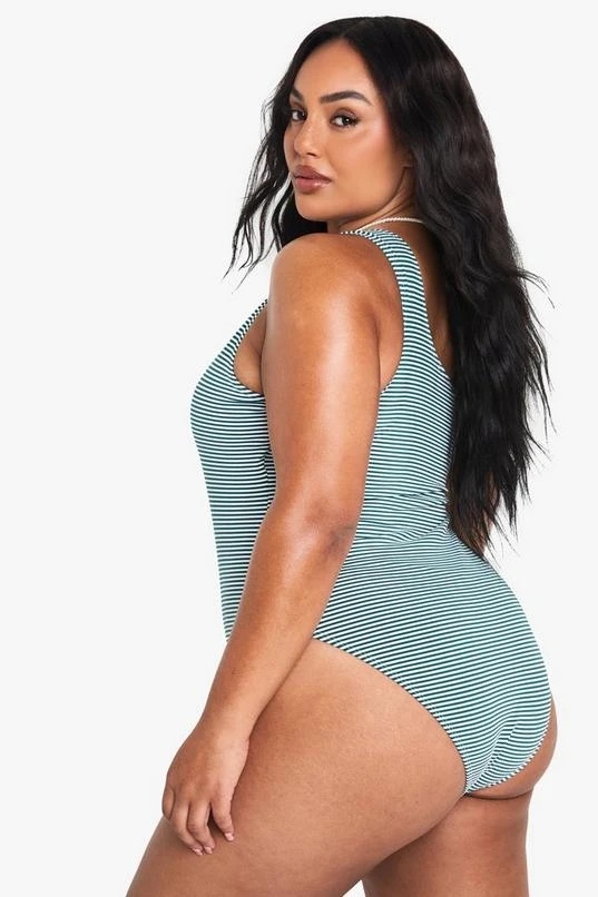 BOOHOO Plus Seersucker Stripe One Shoulder Swimsuit 2 BOOHOO Plus Seersucker Stripe One Shoulder Swimsuit - Image 2