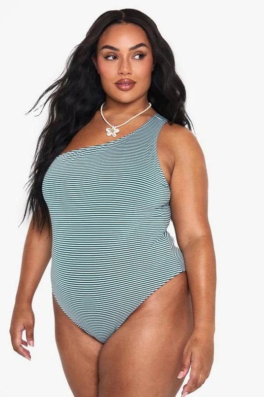 BOOHOO Plus Seersucker Stripe One Shoulder Swimsuit 3 BOOHOO Plus Seersucker Stripe One Shoulder Swimsuit - Image 3
