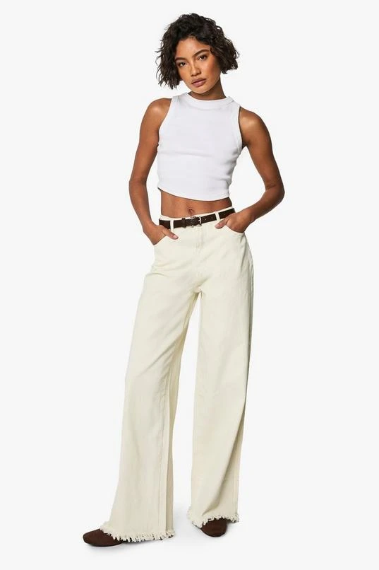 BOOHOO Tall Fray Hem Ecru Wide Leg Jean 3 BOOHOO Tall Fray Hem Ecru Wide Leg Jean - Image 3