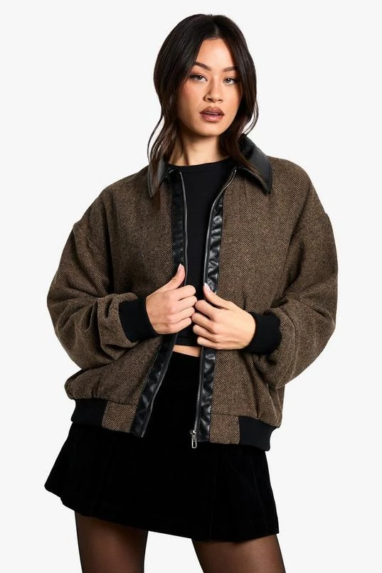BOOHOO Tall Contrast PU Trim Wool Look Bomber Jacket 1 BOOHOO Tall Contrast PU Trim Wool Look Bomber Jacket