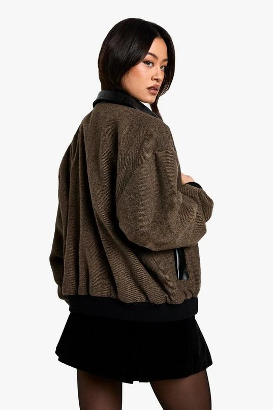 BOOHOO Tall Contrast PU Trim Wool Look Bomber Jacket 2 BOOHOO Tall Contrast PU Trim Wool Look Bomber Jacket - Image 2