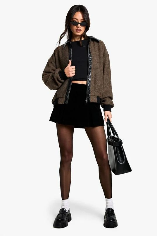 BOOHOO Tall Contrast PU Trim Wool Look Bomber Jacket 3 BOOHOO Tall Contrast PU Trim Wool Look Bomber Jacket - Image 3