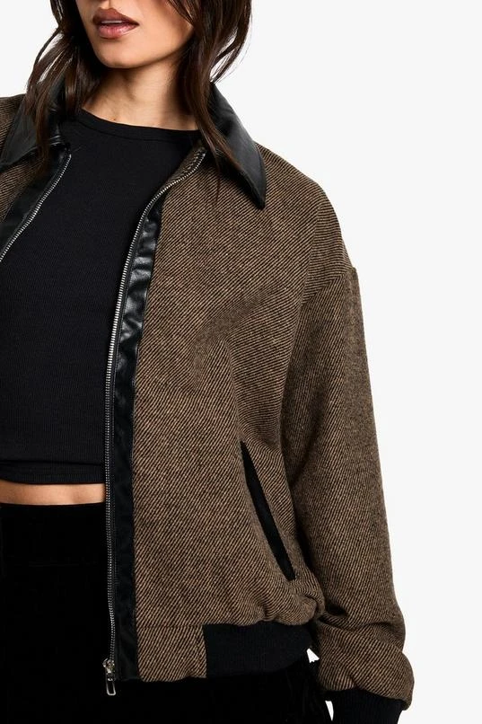 BOOHOO Tall Contrast PU Trim Wool Look Bomber Jacket 4 BOOHOO Tall Contrast PU Trim Wool Look Bomber Jacket - Image 4