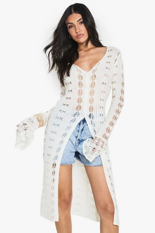 BOOHOO Crochet Frill Sleeve Maxi Cardigan 1 BOOHOO Crochet Frill Sleeve Maxi Cardigan