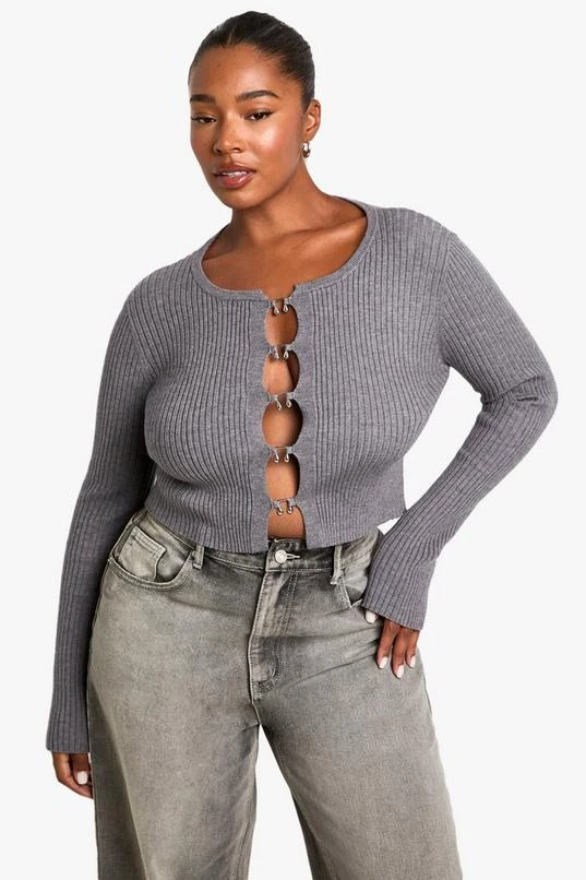 BOOHOO Plus Hook Detail Rib Cardigan 1 BOOHOO Plus Hook Detail Rib Cardigan
