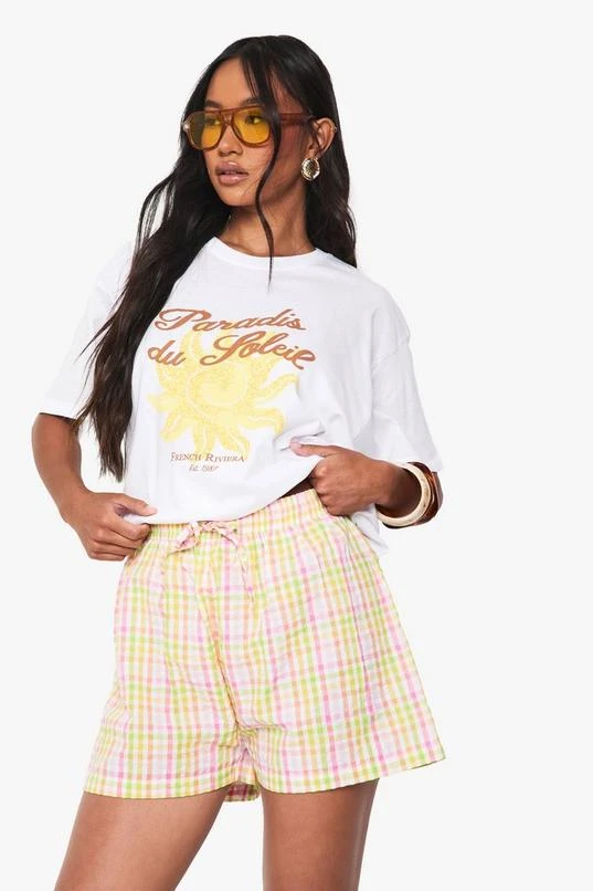 BOOHOO Seersucker Bright Check Drawstring Waist Shorts 1 BOOHOO Seersucker Bright Check Drawstring Waist Shorts