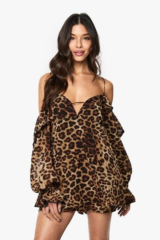 BOOHOO Leopard Chiffon Cold Shoulder Ruffle Playsuit 1 BOOHOO Leopard Chiffon Cold Shoulder Ruffle Playsuit