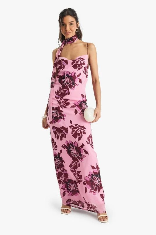BOOHOO Floral Chiffon Slip Dress With Neck Tie 1 BOOHOO Floral Chiffon Slip Dress With Neck Tie